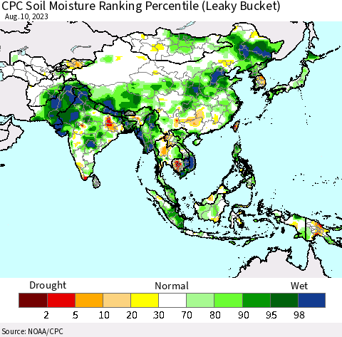 Asia CPC Soil Moisture Ranking Percentile (Leaky Bucket) Thematic Map For 8/6/2023 - 8/10/2023