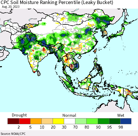 Asia CPC Soil Moisture Ranking Percentile (Leaky Bucket) Thematic Map For 8/16/2023 - 8/20/2023