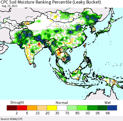 Asia CPC Soil Moisture Ranking Percentile (Leaky Bucket) Thematic Map For 8/21/2023 - 8/25/2023
