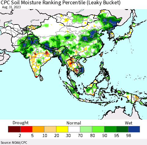Asia CPC Soil Moisture Ranking Percentile (Leaky Bucket) Thematic Map For 8/26/2023 - 8/31/2023