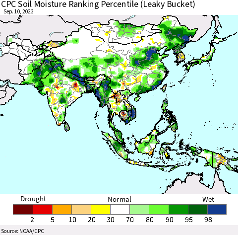 Asia CPC Soil Moisture Ranking Percentile (Leaky Bucket) Thematic Map For 9/6/2023 - 9/10/2023