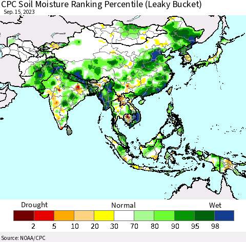 Asia CPC Soil Moisture Ranking Percentile (Leaky Bucket) Thematic Map For 9/11/2023 - 9/15/2023