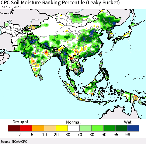 Asia CPC Soil Moisture Ranking Percentile (Leaky Bucket) Thematic Map For 9/16/2023 - 9/20/2023