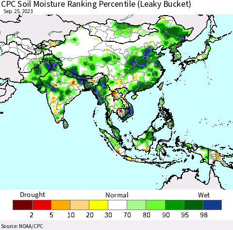 Asia CPC Soil Moisture Ranking Percentile (Leaky Bucket) Thematic Map For 9/21/2023 - 9/25/2023