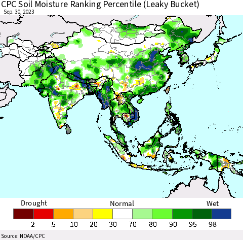 Asia CPC Soil Moisture Ranking Percentile (Leaky Bucket) Thematic Map For 9/26/2023 - 9/30/2023