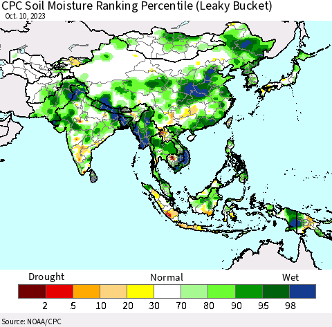 Asia CPC Soil Moisture Ranking Percentile (Leaky Bucket) Thematic Map For 10/6/2023 - 10/10/2023