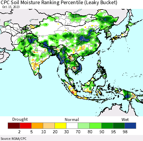 Asia CPC Soil Moisture Ranking Percentile (Leaky Bucket) Thematic Map For 10/11/2023 - 10/15/2023