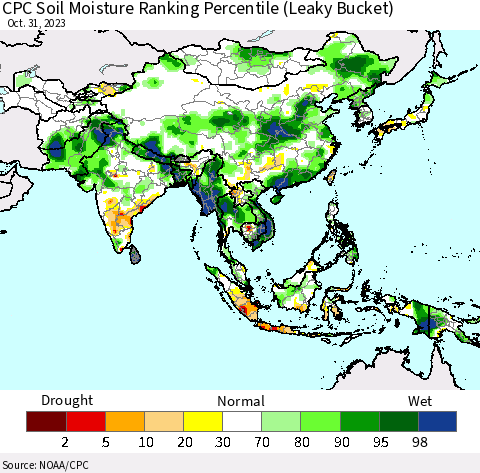Asia CPC Soil Moisture Ranking Percentile (Leaky Bucket) Thematic Map For 10/26/2023 - 10/31/2023