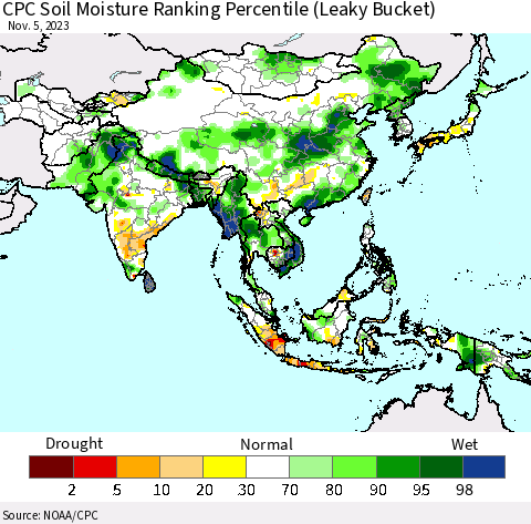 Asia CPC Soil Moisture Ranking Percentile (Leaky Bucket) Thematic Map For 11/1/2023 - 11/5/2023