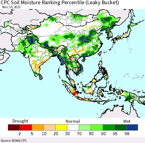 Asia CPC Soil Moisture Ranking Percentile (Leaky Bucket) Thematic Map For 11/6/2023 - 11/10/2023