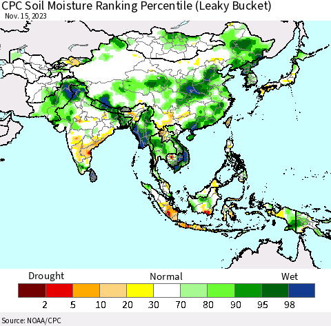 Asia CPC Soil Moisture Ranking Percentile (Leaky Bucket) Thematic Map For 11/11/2023 - 11/15/2023