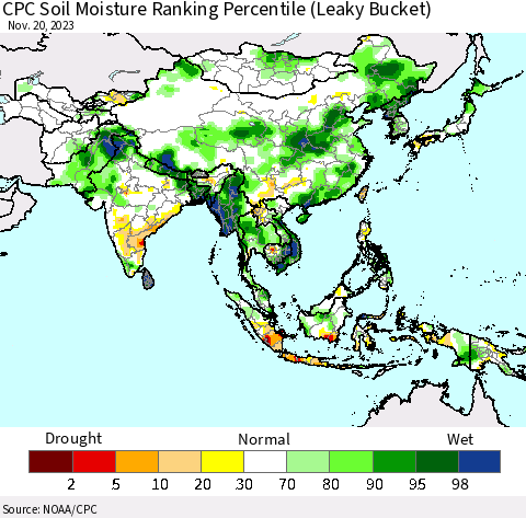 Asia CPC Soil Moisture Ranking Percentile (Leaky Bucket) Thematic Map For 11/16/2023 - 11/20/2023