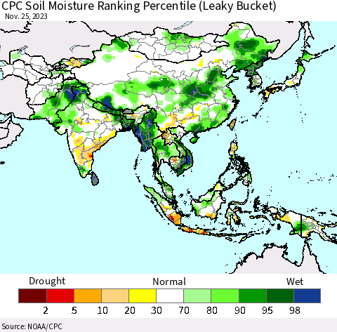Asia CPC Soil Moisture Ranking Percentile (Leaky Bucket) Thematic Map For 11/21/2023 - 11/25/2023
