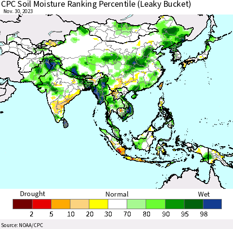 Asia CPC Soil Moisture Ranking Percentile (Leaky Bucket) Thematic Map For 11/26/2023 - 11/30/2023