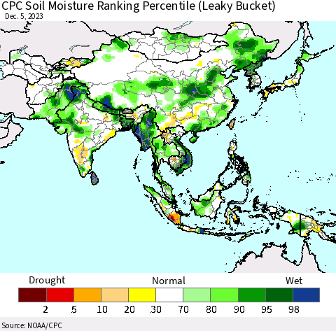 Asia CPC Soil Moisture Ranking Percentile (Leaky Bucket) Thematic Map For 12/1/2023 - 12/5/2023