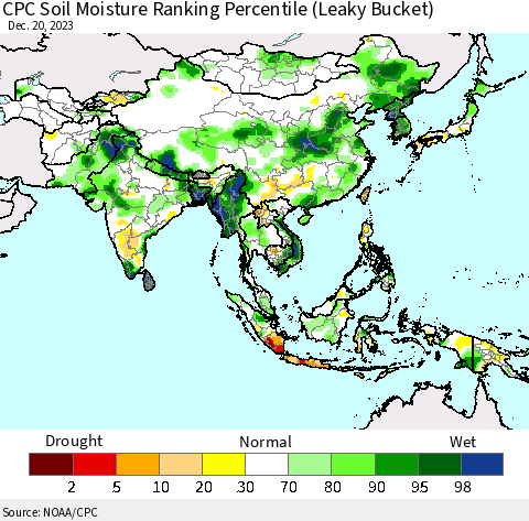 Asia CPC Soil Moisture Ranking Percentile (Leaky Bucket) Thematic Map For 12/16/2023 - 12/20/2023