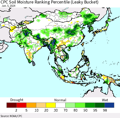 Asia CPC Soil Moisture Ranking Percentile (Leaky Bucket) Thematic Map For 1/1/2024 - 1/5/2024