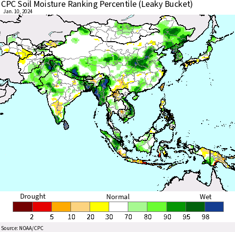 Asia CPC Soil Moisture Ranking Percentile (Leaky Bucket) Thematic Map For 1/6/2024 - 1/10/2024