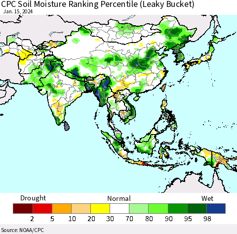 Asia CPC Soil Moisture Ranking Percentile (Leaky Bucket) Thematic Map For 1/11/2024 - 1/15/2024
