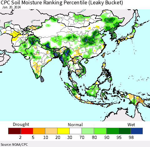Asia CPC Soil Moisture Ranking Percentile (Leaky Bucket) Thematic Map For 1/16/2024 - 1/20/2024