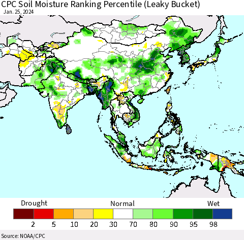Asia CPC Soil Moisture Ranking Percentile (Leaky Bucket) Thematic Map For 1/21/2024 - 1/25/2024