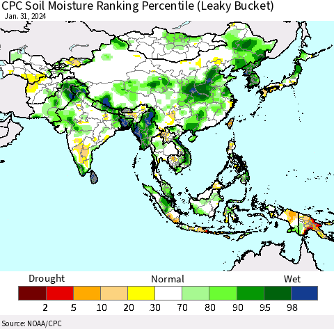 Asia CPC Soil Moisture Ranking Percentile (Leaky Bucket) Thematic Map For 1/26/2024 - 1/31/2024