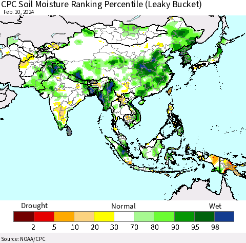 Asia CPC Soil Moisture Ranking Percentile (Leaky Bucket) Thematic Map For 2/6/2024 - 2/10/2024