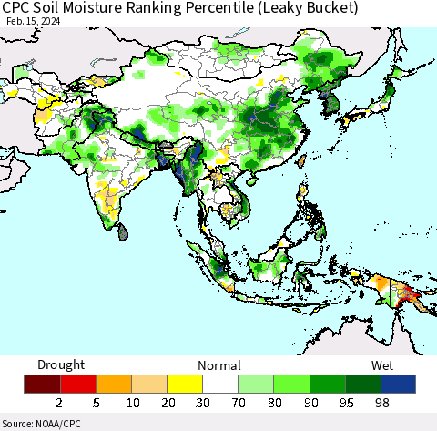 Asia CPC Soil Moisture Ranking Percentile (Leaky Bucket) Thematic Map For 2/11/2024 - 2/15/2024