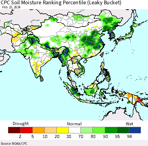 Asia CPC Soil Moisture Ranking Percentile (Leaky Bucket) Thematic Map For 2/21/2024 - 2/25/2024