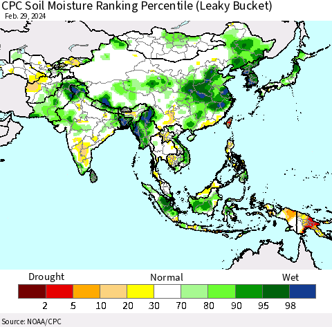 Asia CPC Soil Moisture Ranking Percentile (Leaky Bucket) Thematic Map For 2/26/2024 - 2/29/2024