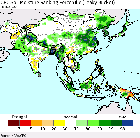 Asia CPC Soil Moisture Ranking Percentile (Leaky Bucket) Thematic Map For 3/1/2024 - 3/5/2024