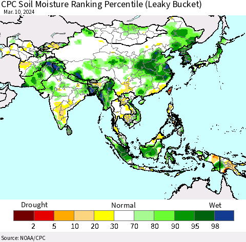 Asia CPC Soil Moisture Ranking Percentile (Leaky Bucket) Thematic Map For 3/6/2024 - 3/10/2024