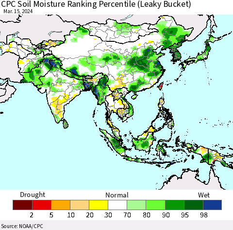 Asia CPC Soil Moisture Ranking Percentile (Leaky Bucket) Thematic Map For 3/11/2024 - 3/15/2024