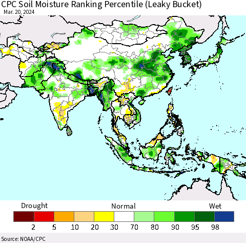 Asia CPC Soil Moisture Ranking Percentile (Leaky Bucket) Thematic Map For 3/16/2024 - 3/20/2024