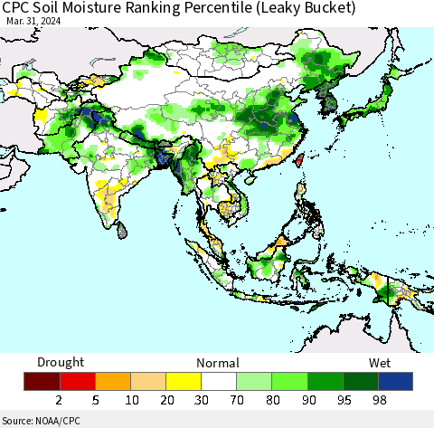 Asia CPC Soil Moisture Ranking Percentile (Leaky Bucket) Thematic Map For 3/26/2024 - 3/31/2024