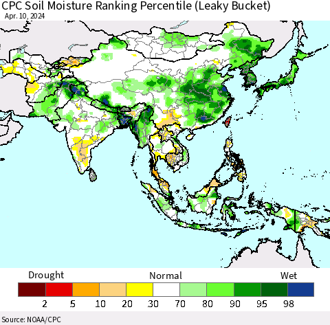 Asia CPC Soil Moisture Ranking Percentile (Leaky Bucket) Thematic Map For 4/6/2024 - 4/10/2024