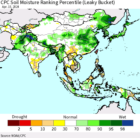 Asia CPC Soil Moisture Ranking Percentile (Leaky Bucket) Thematic Map For 4/11/2024 - 4/15/2024