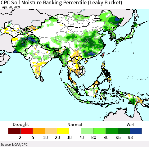 Asia CPC Soil Moisture Ranking Percentile (Leaky Bucket) Thematic Map For 4/16/2024 - 4/20/2024