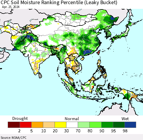 Asia CPC Soil Moisture Ranking Percentile (Leaky Bucket) Thematic Map For 4/21/2024 - 4/25/2024