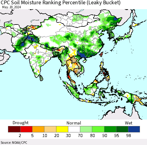 Asia CPC Soil Moisture Ranking Percentile (Leaky Bucket) Thematic Map For 5/16/2024 - 5/20/2024