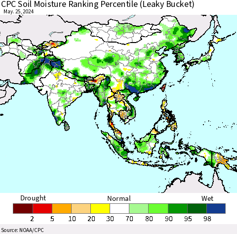 Asia CPC Soil Moisture Ranking Percentile (Leaky Bucket) Thematic Map For 5/21/2024 - 5/25/2024