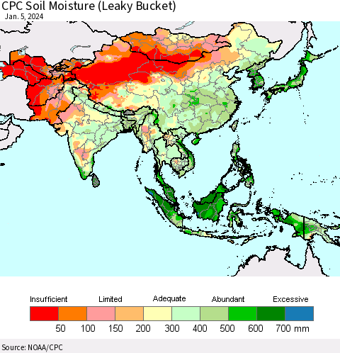 Asia CPC Soil Moisture (Leaky Bucket) Thematic Map For 1/1/2024 - 1/5/2024