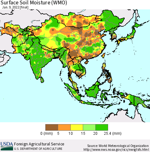 Asia Surface Soil Moisture (WMO) Thematic Map For 1/3/2022 - 1/9/2022