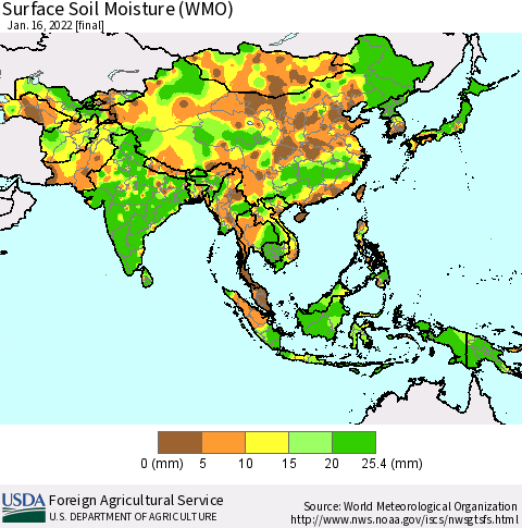 Asia Surface Soil Moisture (WMO) Thematic Map For 1/10/2022 - 1/16/2022