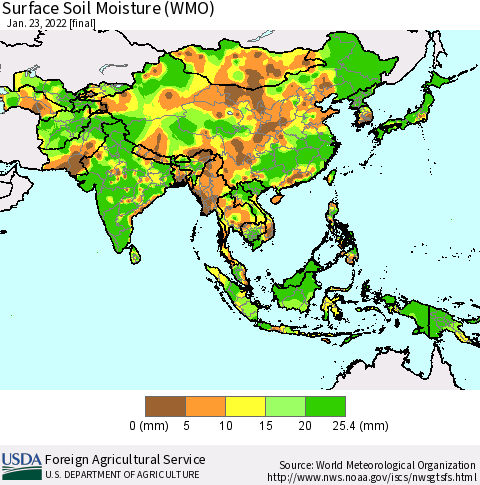 Asia Surface Soil Moisture (WMO) Thematic Map For 1/17/2022 - 1/23/2022