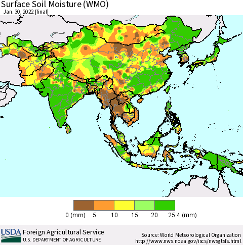 Asia Surface Soil Moisture (WMO) Thematic Map For 1/24/2022 - 1/30/2022