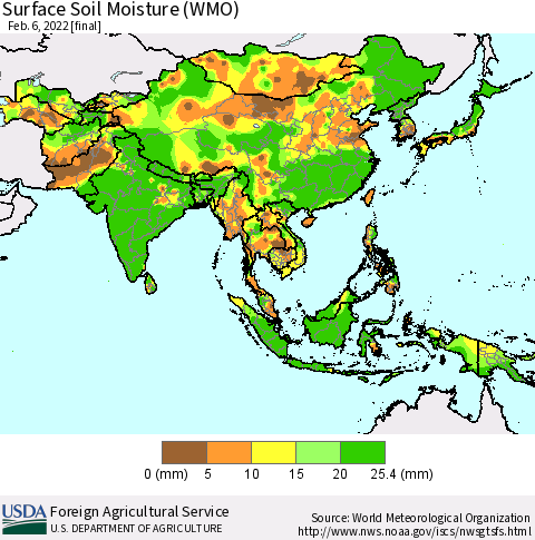 Asia Surface Soil Moisture (WMO) Thematic Map For 1/31/2022 - 2/6/2022