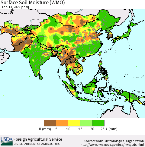 Asia Surface Soil Moisture (WMO) Thematic Map For 2/7/2022 - 2/13/2022