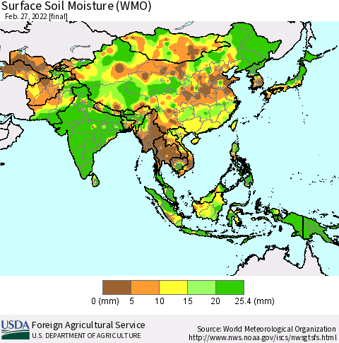 Asia Surface Soil Moisture (WMO) Thematic Map For 2/21/2022 - 2/27/2022