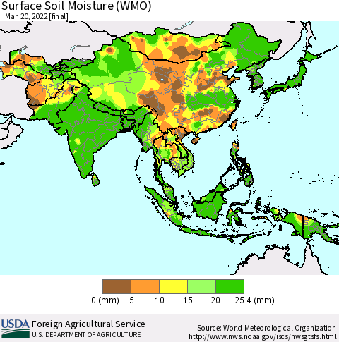 Asia Surface Soil Moisture (WMO) Thematic Map For 3/14/2022 - 3/20/2022